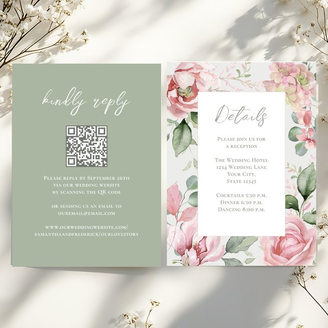 Carte D'accompagnement Réception Florale Mariage Rose (Blush pink floral wedding details card with QR code. )