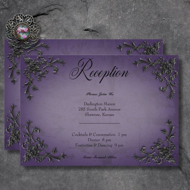 Carte D'accompagnement Réception gothique à coeur noir et violet filigran (Gothic Black & Purple Filigree Heart Reception Enclosure Card)