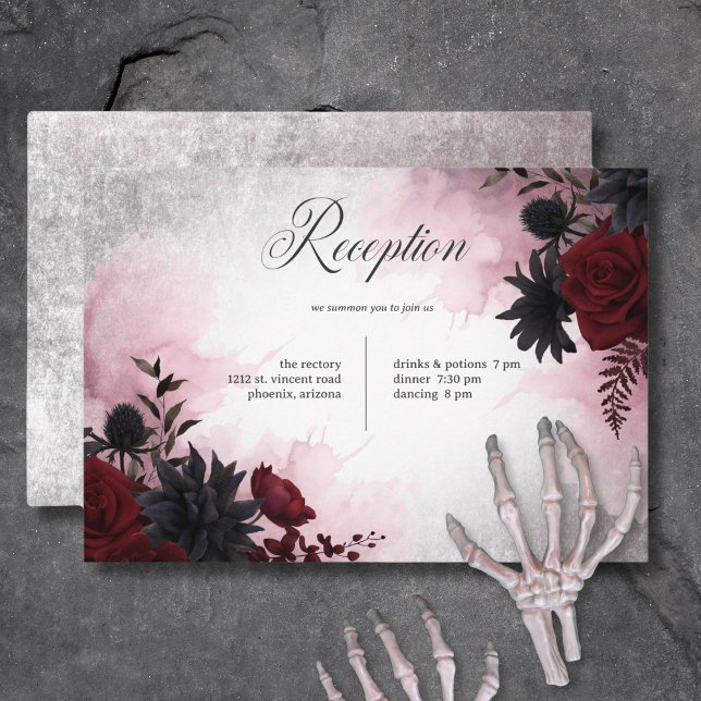 Carte D'accompagnement Réception Gothique Noir & Bourgogne Crâne & Araign (Gothic Black & Burgundy Skull & Spider Reception Enclosure Card)