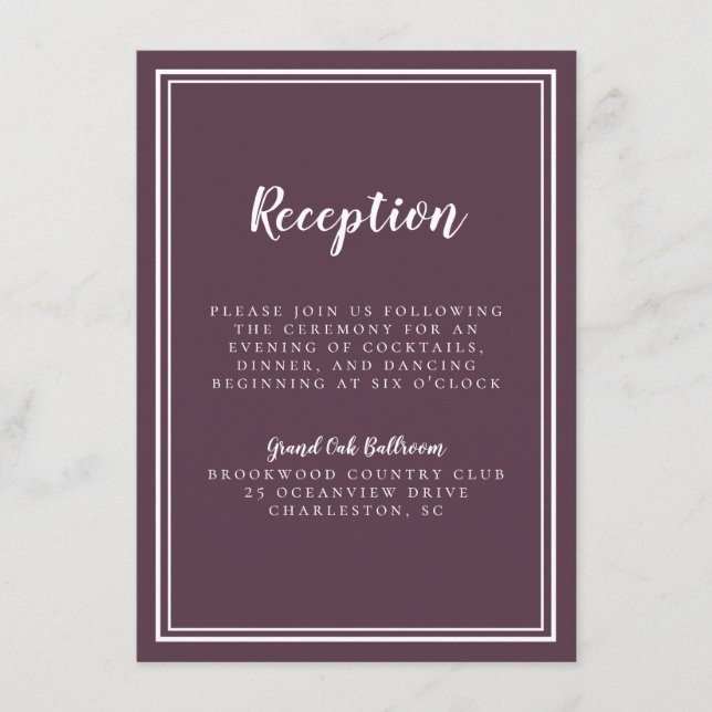 Carte D'accompagnement Réception Mariage classique violet blanc simple (Devant)