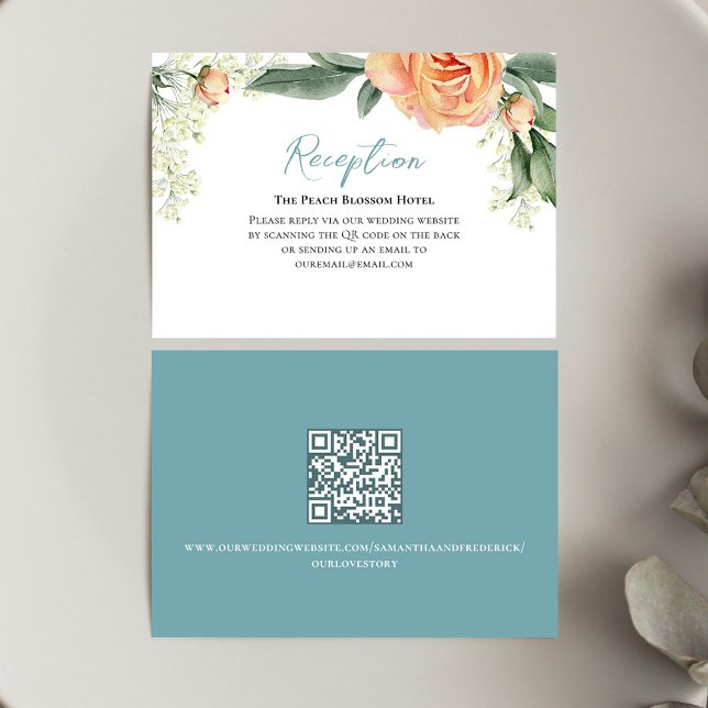 Carte D'accompagnement Réception Mariage Pêche Floral QR Code (Wedding reception card with watercolor peach floral design.)