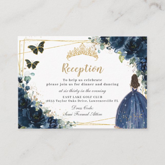 Carte D'accompagnement Réception Marine Blue Floral Gold Quinceañera (Devant)
