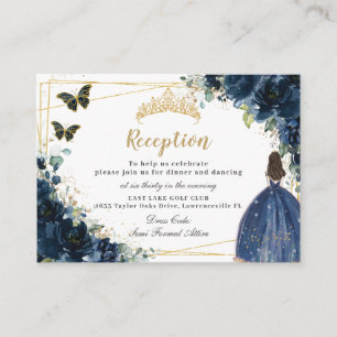 Carte D'accompagnement Réception Marine Blue Floral Gold Quinceañera