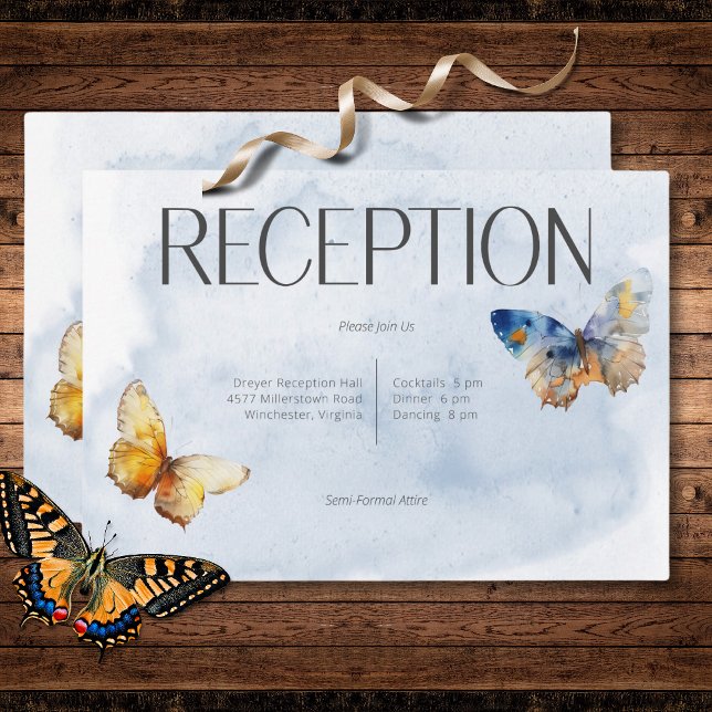 Carte D'accompagnement Réception moderne Blue Rust Watercolor Papillons (Modern Blue Rust Watercolor Butterflies Reception Enclosure Card)