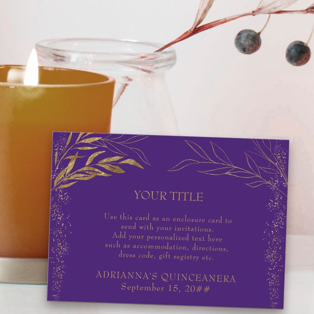 Carte D'accompagnement Réception personnalisée à feuilles pourpres et dor (Reception Card for quinceanera or other event in purple, from my Gold Leaf Collection
)