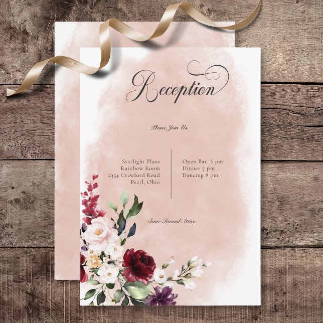 Carte D'accompagnement Réception Russe Bourgogne & Roses Roses Roses Rose (Rustic Burgundy & Blush Pink Roses Wedding Reception Card)