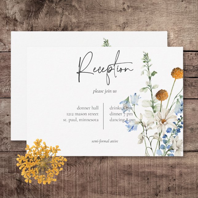 Carte D'accompagnement Réception Rustique Dusty Blue Fleurs sauvages & Da (Rustic Dusty Blue Wildflowers & Daisies Wedding Reception Card)
