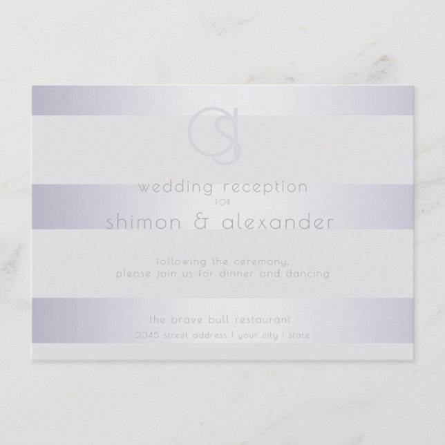 Carte D'accompagnement Réception | Violet Silver Shimmer Stripe Monogram2 (Devant)