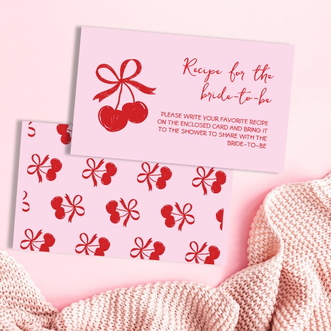 Carte D'accompagnement Recette de Fête des mariées de cerise dessinée à l (Cherry Hand Drawn Bridal Shower Recipe Enclosure Card)