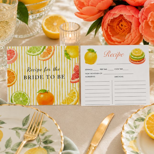 Carte D'accompagnement Recette de la fête de mariage Main Squeeze Citrus (Main Squeeze Citrus bridal shower Recipe insert card)
