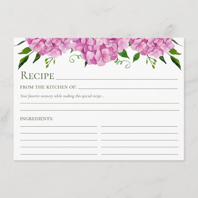 Carte D'accompagnement Recette florale d'Hydrangea rose (Devant)