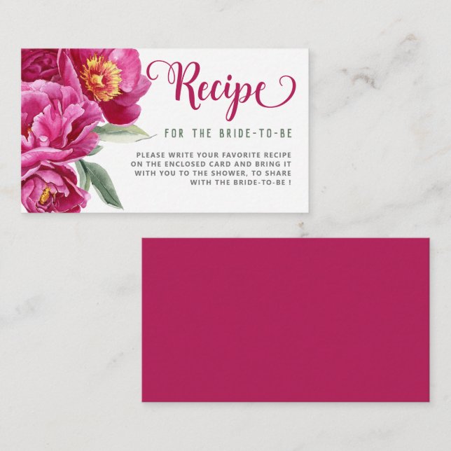 Carte D'accompagnement Recette Pour Mariée Fête des mariées Florale Rose  (Devant / Derrière)