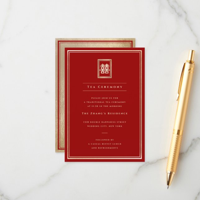 Carte D'accompagnement Rectangle classique Double Happiness Tea Cérémonie (Devant/Arrière en situation)
