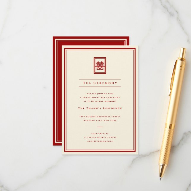 Carte D'accompagnement Rectangle classique Double Happiness Tea Cérémonie (Devant/Arrière en situation)