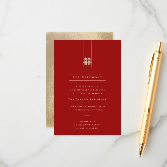 Carte D'accompagnement Rectangle Haut Or Double Bonheur Mariage Asiatique (Devant/Arrière en situation)