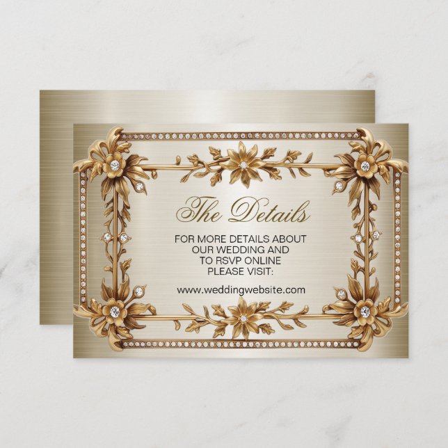 Carte D'accompagnement Rectangle Orné Or mariage Fleurs Dimonées brillant (Devant / Derrière)