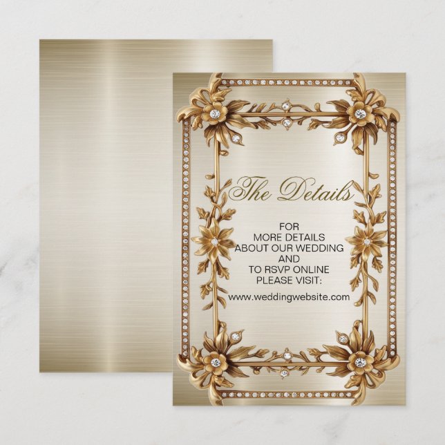 Carte D'accompagnement Rectangle Orné Or mariage Fleurs Dimonées brillant (Devant / Derrière)