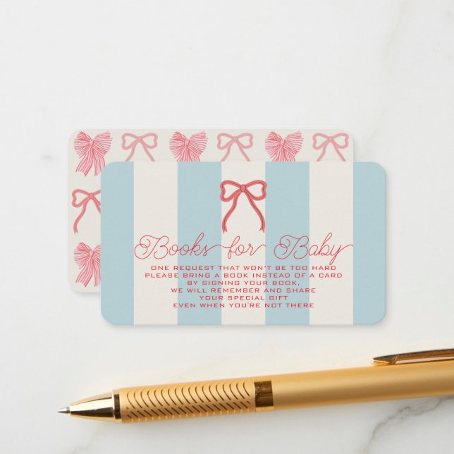 Carte D'accompagnement Red Bow & Blue Stripes Baby Shower Book Request (Devant/Arrière en situation)