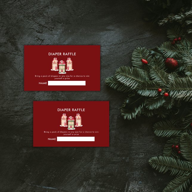 Carte D'accompagnement Red Gingerbread Village Diaper Raffle Baby Shower  (Red Gingerbread Village Diaper Raffle Baby Shower Enclosure Card)