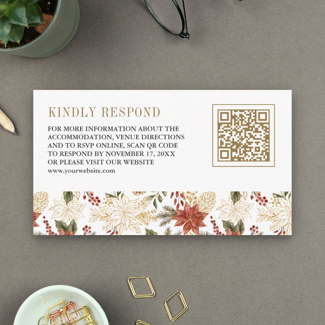 Carte D'accompagnement Red Gold Noël Floral QR Code Mariage RSVP (Créateur téléchargé)