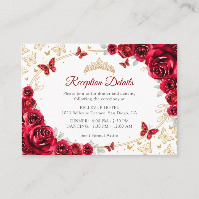 Carte D'accompagnement Red Gold Quinceanera Reception Details (Devant)