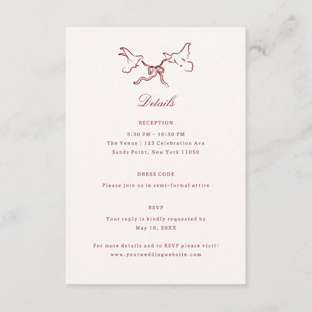 Carte D'accompagnement Red Illustrated Birds Whimsical Wedding Details (Devant)