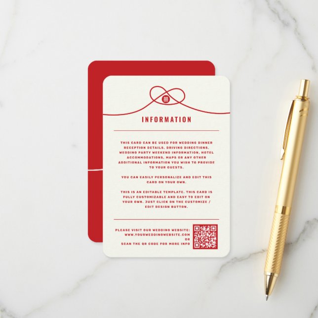 Carte D'accompagnement Red Knot Union Double Bonheur Mariage chinois (Devant/Arrière en situation)
