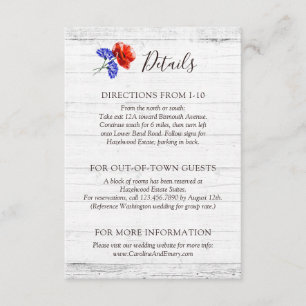 Carte D'accompagnement Red Poppy & Cornflower Rustic Détails / Directions