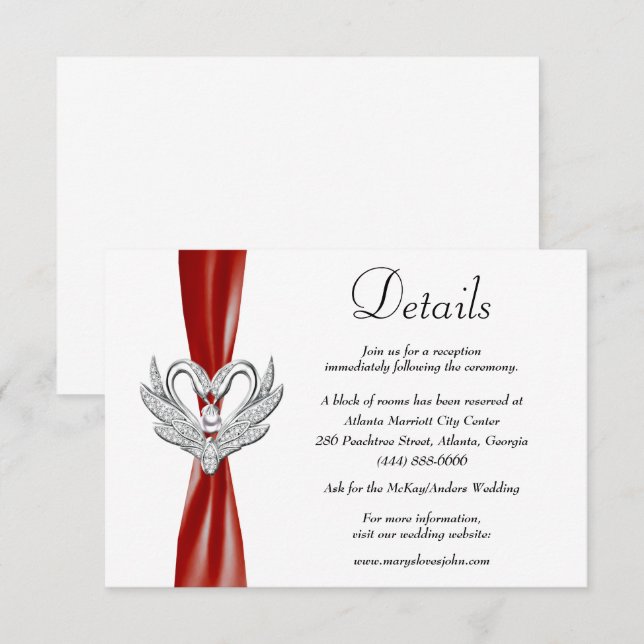 Carte D'accompagnement Red Ribbon Silver Swans Détails du Mariage (Devant / Derrière)
