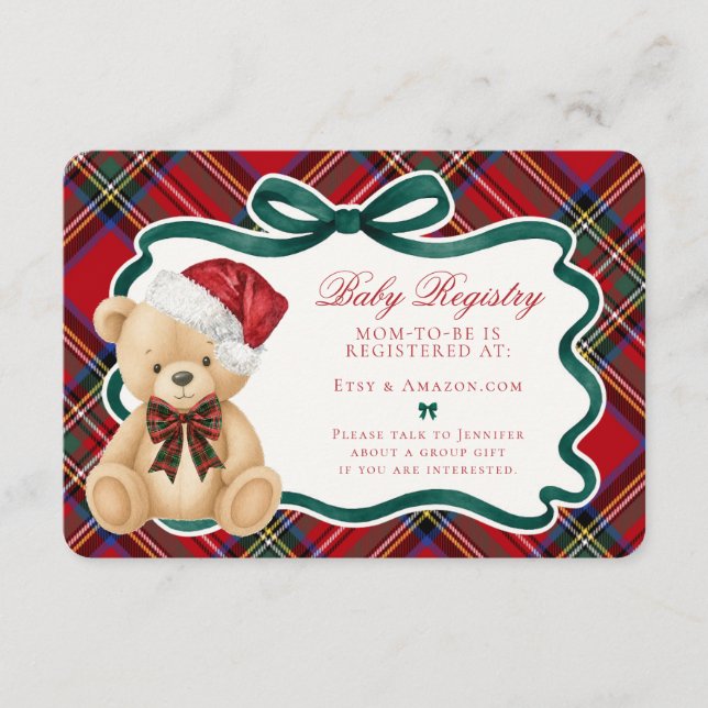 Carte D'accompagnement Red Tartan Plaid Christmas Bear Baby Registry (Devant)