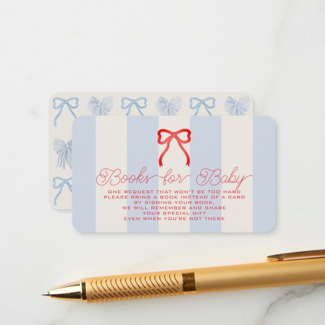 Carte D'accompagnement Red White & Due Bow Blue Stripes Baby Book Request (Devant/Arrière en situation)