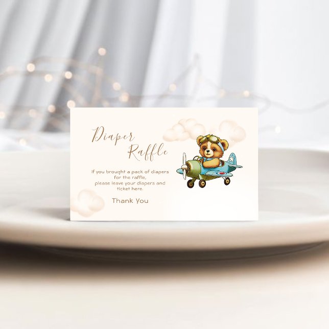 Carte D'accompagnement Refroidissement de la couche d'ours en peluche du  (Whimsical Airplane Pilot Teddy Bear Diaper Raffle Enclosure Card)