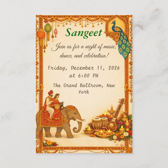 Carte D'accompagnement Regal Indian Wedding Sangeet Details Card (Devant)
