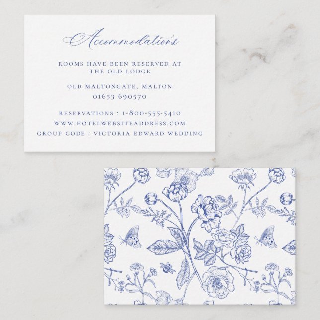 Carte D'accompagnement Regency Blue Floral Mariage Hébergements (Devant / Derrière)