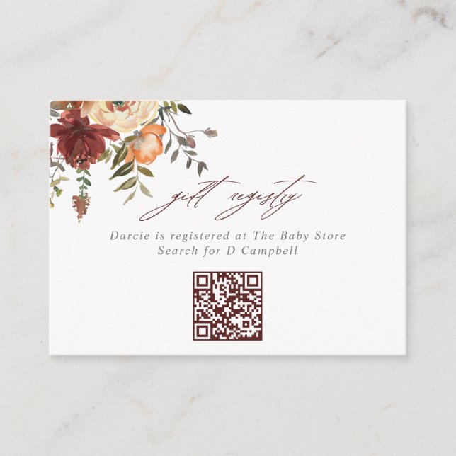 Carte D'accompagnement Registre cadeau de code QR Floral Bourgogne & Oran (Devant)