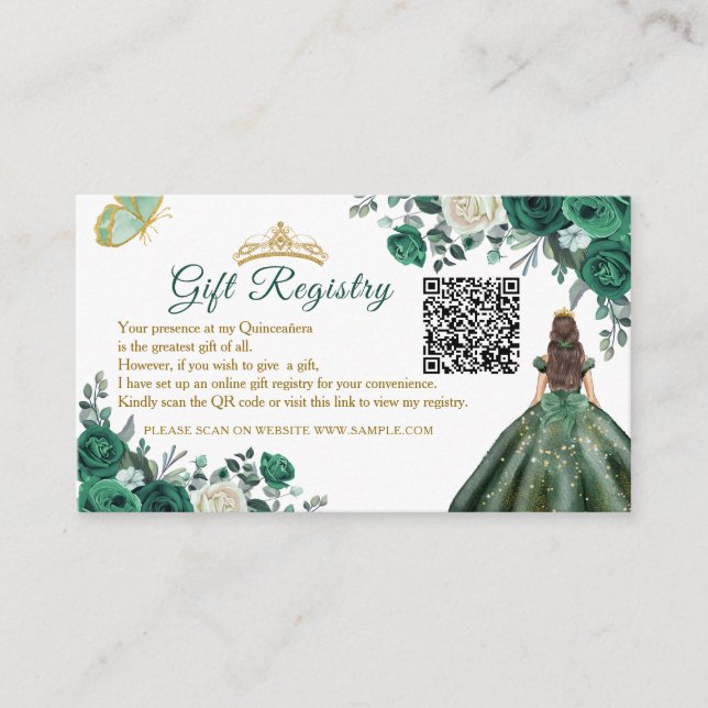 Carte D'accompagnement Registre cadeau Emerald Green Floral Quinceañera Q (Devant)