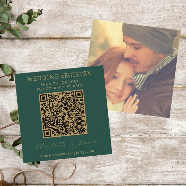 Carte D'accompagnement Registre Cadeau Mariage Vert Et Or Photo QR (Green And Gold Wedding Gift Registry QR Code Enclosure Card)