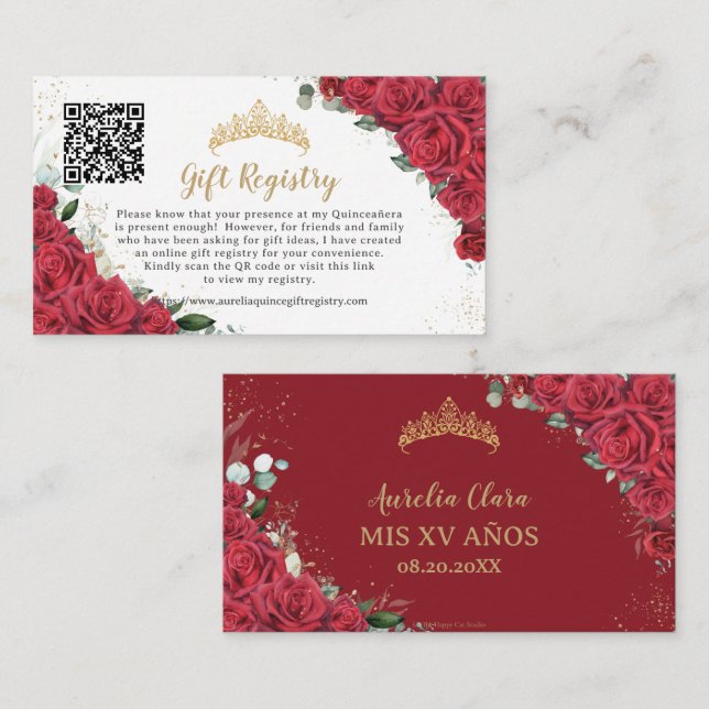 Carte D'accompagnement Registre cadeau Red Floral Quinceañera QR (Devant / Derrière)
