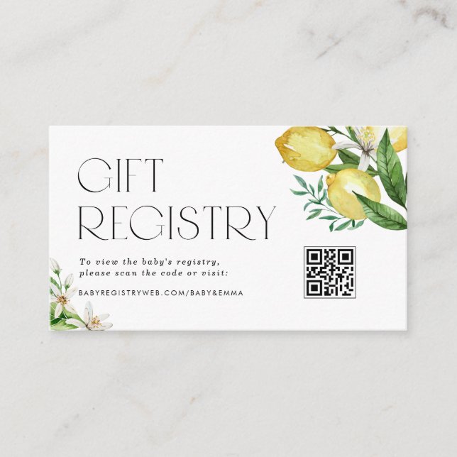 Carte D'accompagnement Registre de Baby Shower Code QR Citrons et Fleurs (Devant)