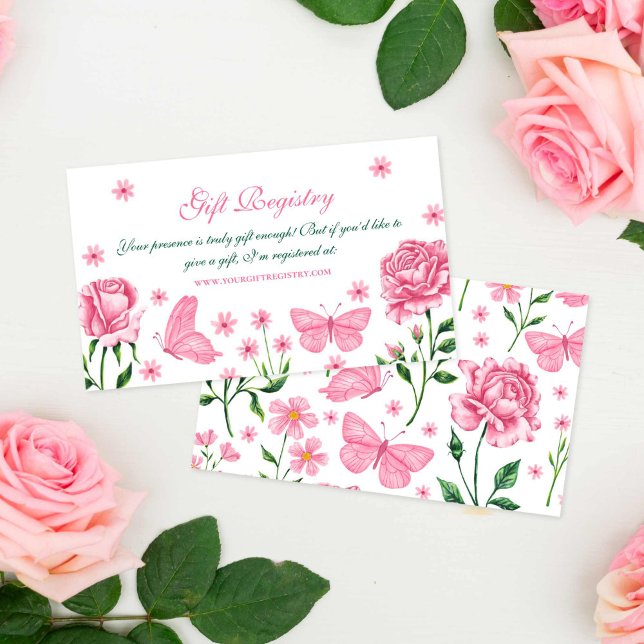 Carte D'accompagnement Registre de cadeaux de Quinceañera à fleurs roses (Pink Floral Butterflies Gift Registry Quinceañera Enclosure Card)