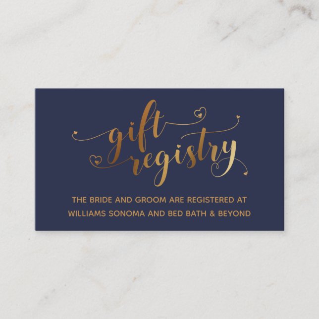 Carte D'accompagnement Registre de Cadeaux Navy Blue Script Cœurs Élégant (Devant)