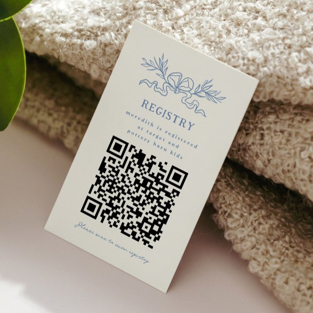 Carte D'accompagnement Registre de code QR pour Baby Shower Ruban Bleu  (QR Code Registry Blue Ribbon Baby Shower Enclosure Card)