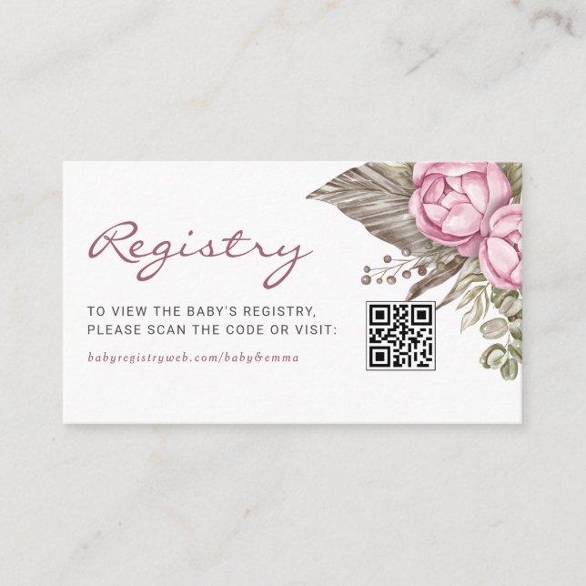 Carte D'accompagnement Registre de code QR pour bébé Fleurs roses aquarel (Devant)