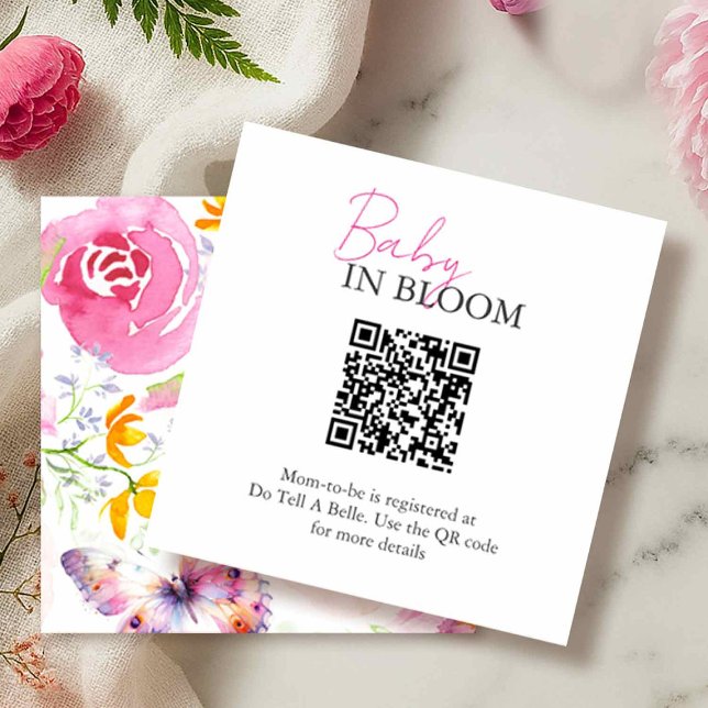 Carte D'accompagnement Registre de fleurs Baby In Bloom (QR code baby shower enclosure cards floral and butterfly watercolor theme Victoria Grigaliuans)