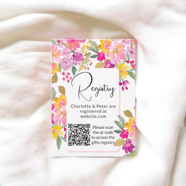 Carte D'accompagnement Registre de mariage à l'aquarelle florale lumineus (Garden bright floral watercolor bridal registry qr enclosure card)