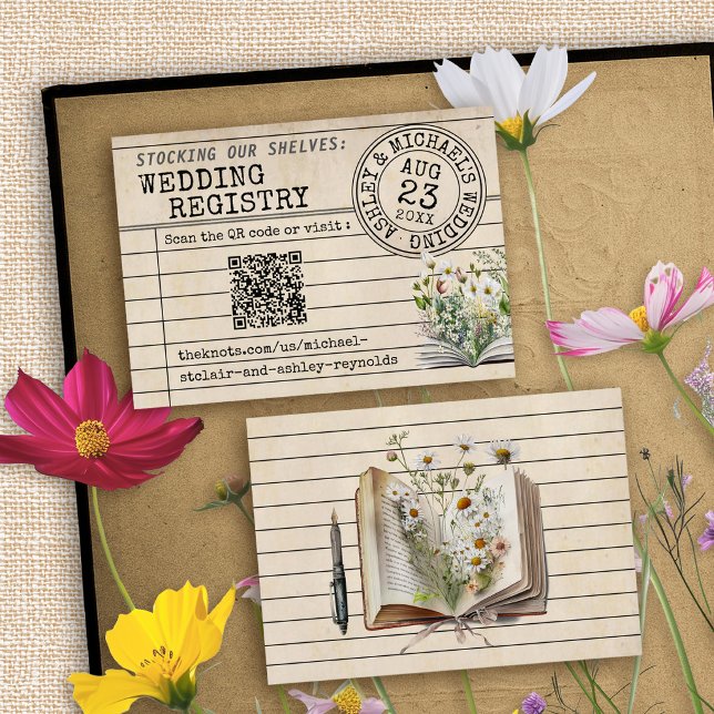 Carte D'accompagnement Registre de mariage code QR de livres anciens de b (Vintage library card watercolor floral books bookish wedding invitation QR code registry insert card)
