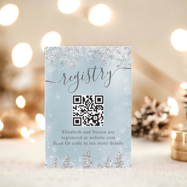 Carte D'accompagnement Registre de mariage hivernal bleu glace argenté pi (Silver ice blue snow pine winter bridal registry enclosure card)
