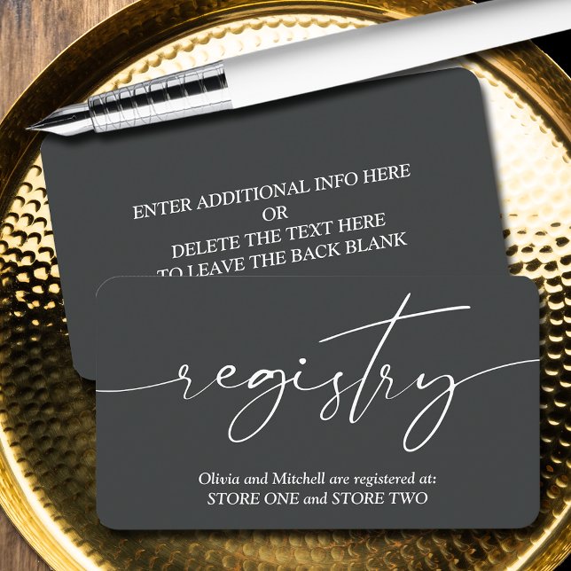 Carte D'accompagnement Registre de mariage Simple Onyx (Simple handwritten script wedding registry enclosure cards - Off Black, more info on the back)