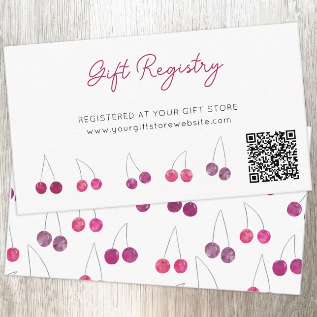 Carte D'accompagnement Registre des cadeaux de Fête des mariées cerise Co (Cherry watercolor QR code custom text gift registry enclosure card)