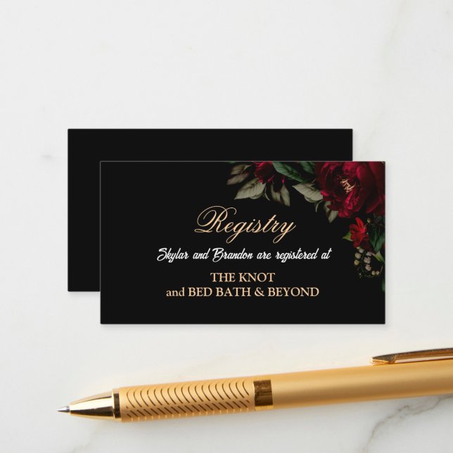 Carte D'accompagnement Registre gothique rouge vert floral moody mariage (Devant/Arrière en situation)